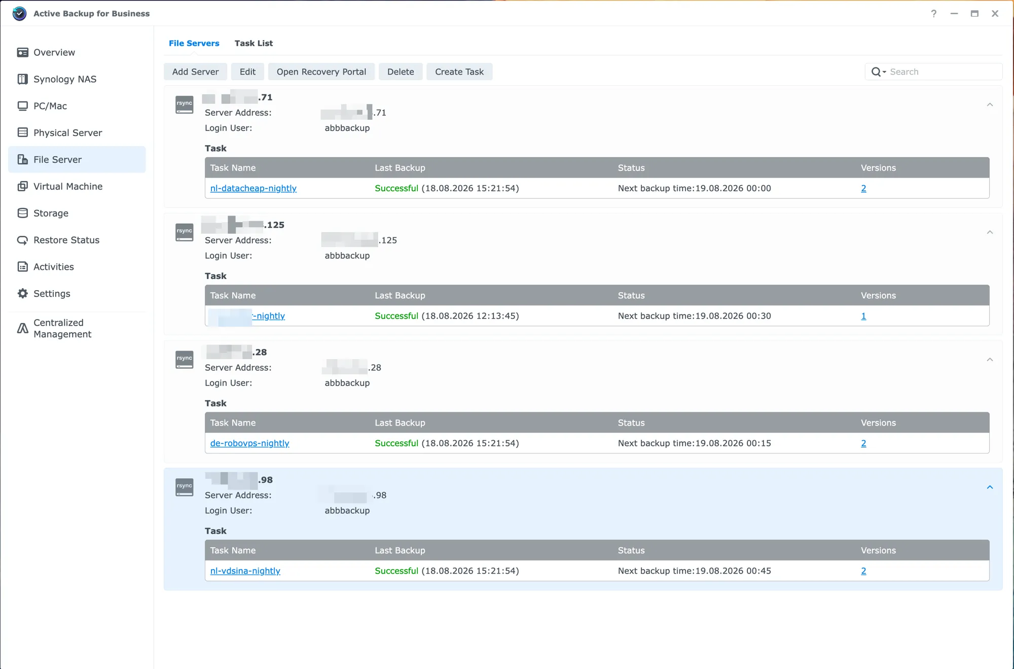 Раздел File Server в Active Backup for Business: четыре rsync-сервера с ночными задачами бэкапа, все со статусом Successful